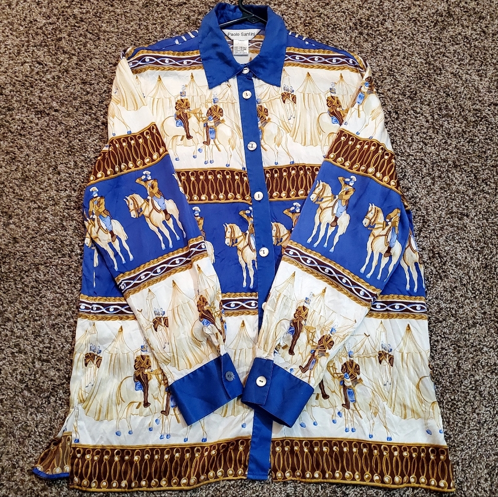 Vintage Paolo Santini 100% Silk Button Long Sleeve Soldiers Horses Women No Size
